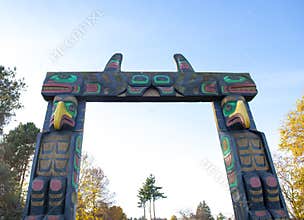 Aboriginal carving totem pole arch gate in Nanaimo, Canada