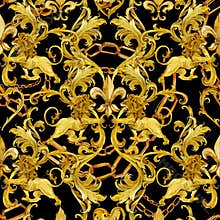 Gold chains damask seamless luxury design. golden Lions pattern. vintage riches lace background. watercolor fleur-de-lis illustrat