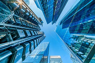 Upward view of modern skyscrapers in the City of London