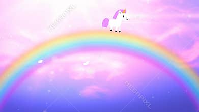 Cute cartoon white unicorn with pink mane goes on rainbow on fabulous pink sky. Looped 4K motion graphic.