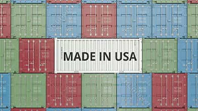 Container with MADE IN USA text. American import or export related 3D animation