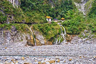 Beautiful scenic of Changchun shrine on the cliff with waterfall down to the Shakadang river
