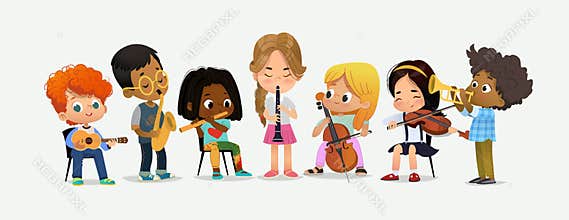 School Orchestra Kids Play Various Music Instrument