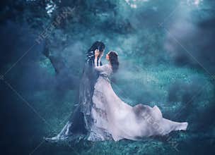 Brunette girl ghost and spirit of nightly mysterious cold blue forest, lady in white vintage lace dress with long flying