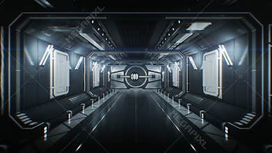 Moving Through the Futuristic Spaceship Tunnel with Opening Metal Gates and Flight Out to White Light. Abstract Science