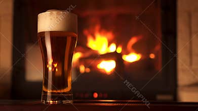 Panning shot full glass of appetizing cooled refreshment beer with foam surrounded by fireplace