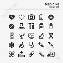 Medical icon set. 25 Silhouette hospital vector signs. Medicine design. Web ambulance infographics icons.