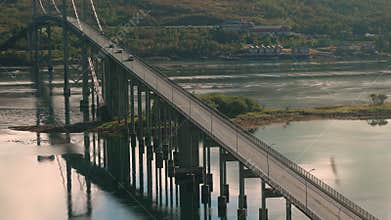 Cars travelling across the suspension road bridge in Tjeldsundbrua