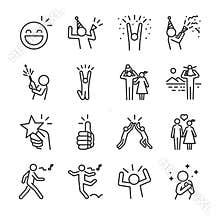 Happy line icon set. Included the icons as fun, enjoy, party, good mood, celebrate, success and more.