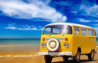 Holidays Summer Travel, Yellow Vintage Van, Sand Beach Coastline