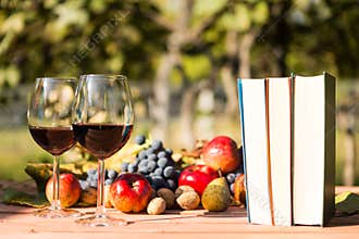 Two glasses of red wine, books and autumn fruits