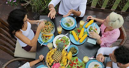 People Group Eating Healthy Vegetarian Food Top Angle View, Friends Talking Communication Sitting At Table