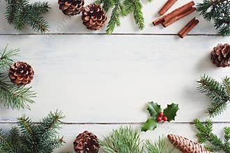 Christmas background with Christmas decorations on wooden white