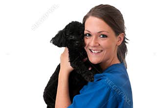Veterinary Assistant Holding Pet Dog Isolated