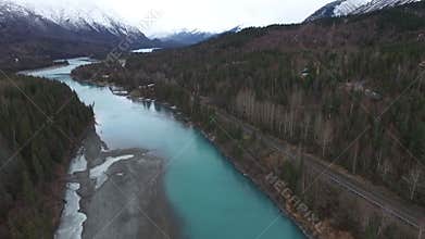 Aerial View Over Mountain Highway One Lake Outback Alaska