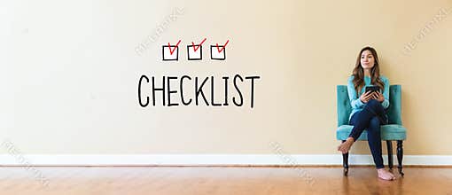 Checklist text with young woman holding a tablet computer