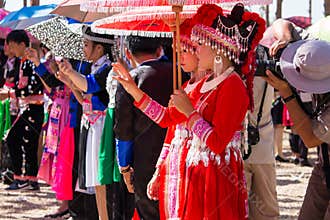 Vientiane Capital, Laos - November 2017: Hmong Girl wearing the Hmong traditional clothes during the Hmong New Year celebration in