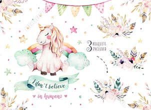 Isolated cute watercolor unicorn clipart. Nursery unicorns illustration. Princess rainbow unicorns poster. Trendy pink