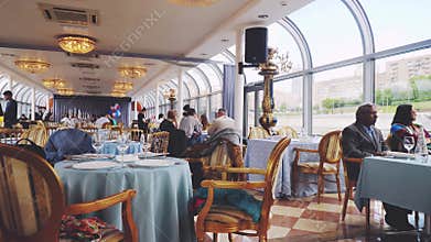 Russia, Moscow 17 june 2017. Beautiful and elegant fine dining restaurant. Cruise ship dining room. Adventure of the