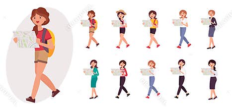 Cartoon character design female young girl backpacker reading