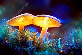 Mushroom. Fantasy glowing mushrooms in mystery dark forest