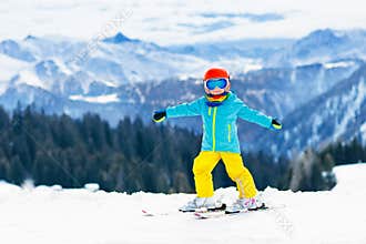 Kids winter snow sport. Children ski. Family skiing.