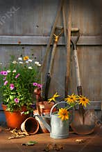 Garden shed with tools and pots