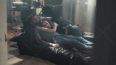 High angle view of beautiful happy young couple hugging while sleeping on bed, early morning, relashionships, man with