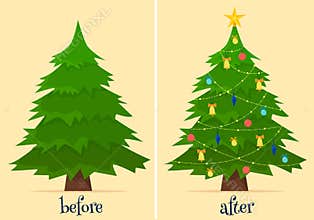 Christmas tree before and after decoration. Fir in forest and in room with gifts and lights.