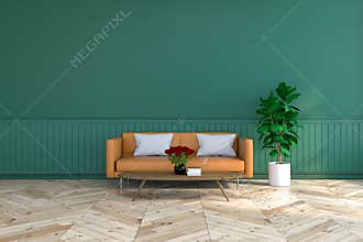 Vintage room interior design, brown leather sofa on wood flooring and deep green wall /3d render