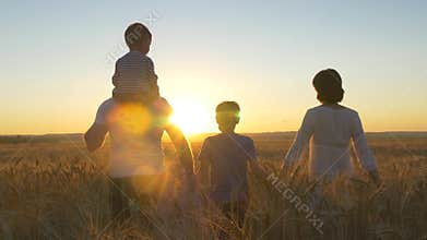 Happy family father mom and two sons walking in a wheat field and watching the sunset