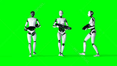 Futuristic humanoid female robot is walking with gun . Realistic motion and reflections. 4K green screen footage.