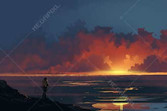 a Tourist standing on the cliff and look at to the Sun, illustration painting.