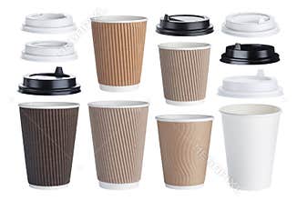 Disposable paper coffee cup isolated on white background. Collection