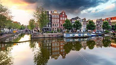 Traditional Dutch old houses on canals in Amsterdam, Netherland