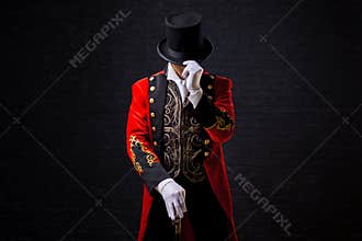 Showman. Young male entertainer, presenter or actor on stage. The guy in the red camisole and the cylinder.