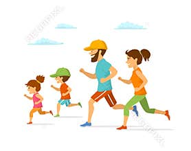 Cute cheerful cartoon family running jogging together isolated vector illustration outdoor exercising i