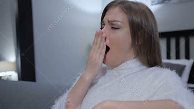 Yawning Sitting Sleepy Beautiful Woman, Close up