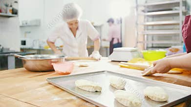 The employees women of the bakery is cooking pies with sausage