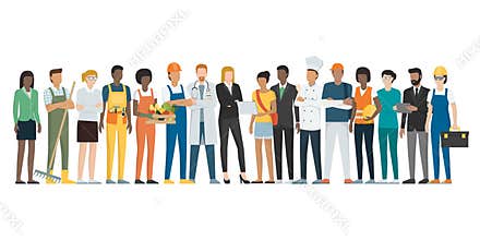 Labor day: workers posing together and standing