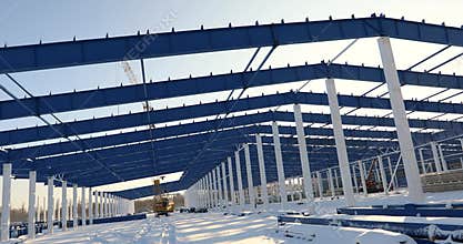 Construction of a modern factory or warehouse, modern industrial exterior, panoramic view, Modern storehouse