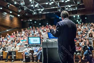 Public speaker giving talk at Business Event.