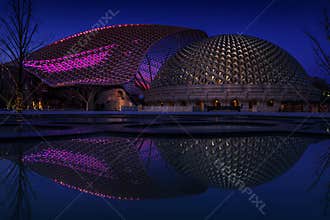 Niushoushan Buddha Palace night view with water reflection, Nanjing China