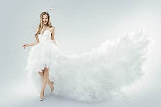 Woman Flying White Dress, Elegant Fashion Model Fluttering Gown