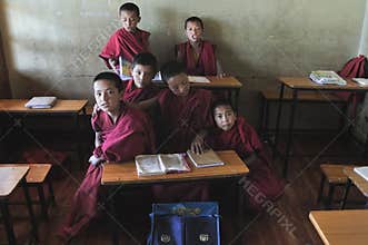 Monks children in the monks school at the Thiksay Gompa