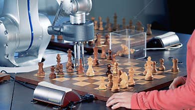 A little smart school girl is playing chess with a computer.