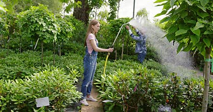 Woman watering plants in garden