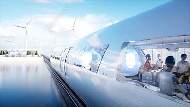 People and robots. Sci fi station. Futuristic monorail transport. Concept of future. Realistic 4K animation.