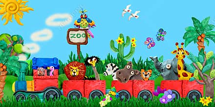 Traveling Zoo animals 3D rendering children banner illustration