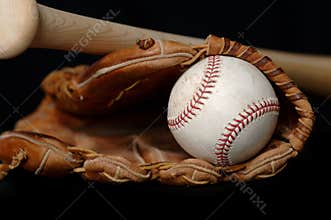 Baseball and Bat and Glove on black